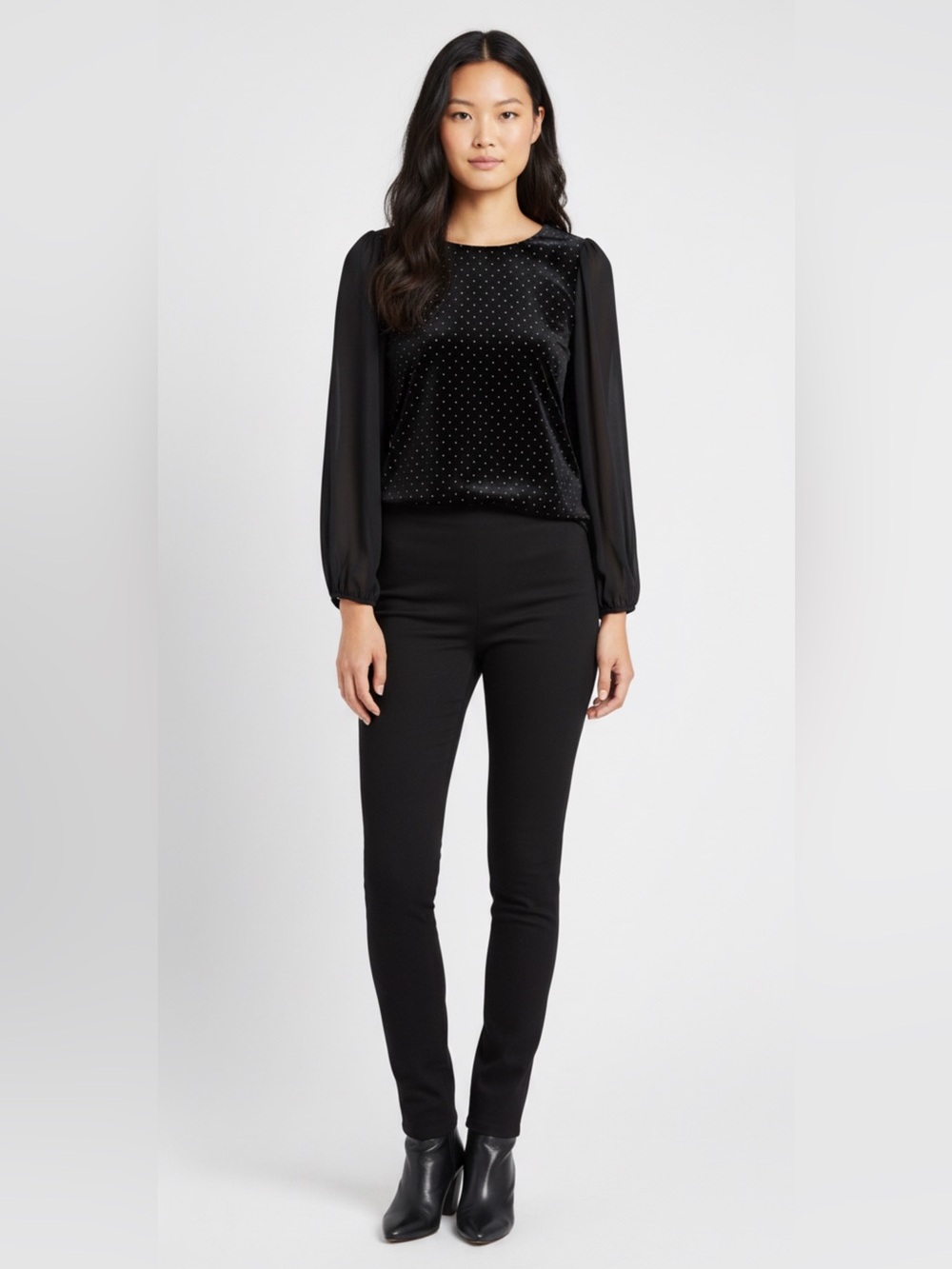 Vince Camuto Black Velvet Gold Grommet Sheer Sleeve Top